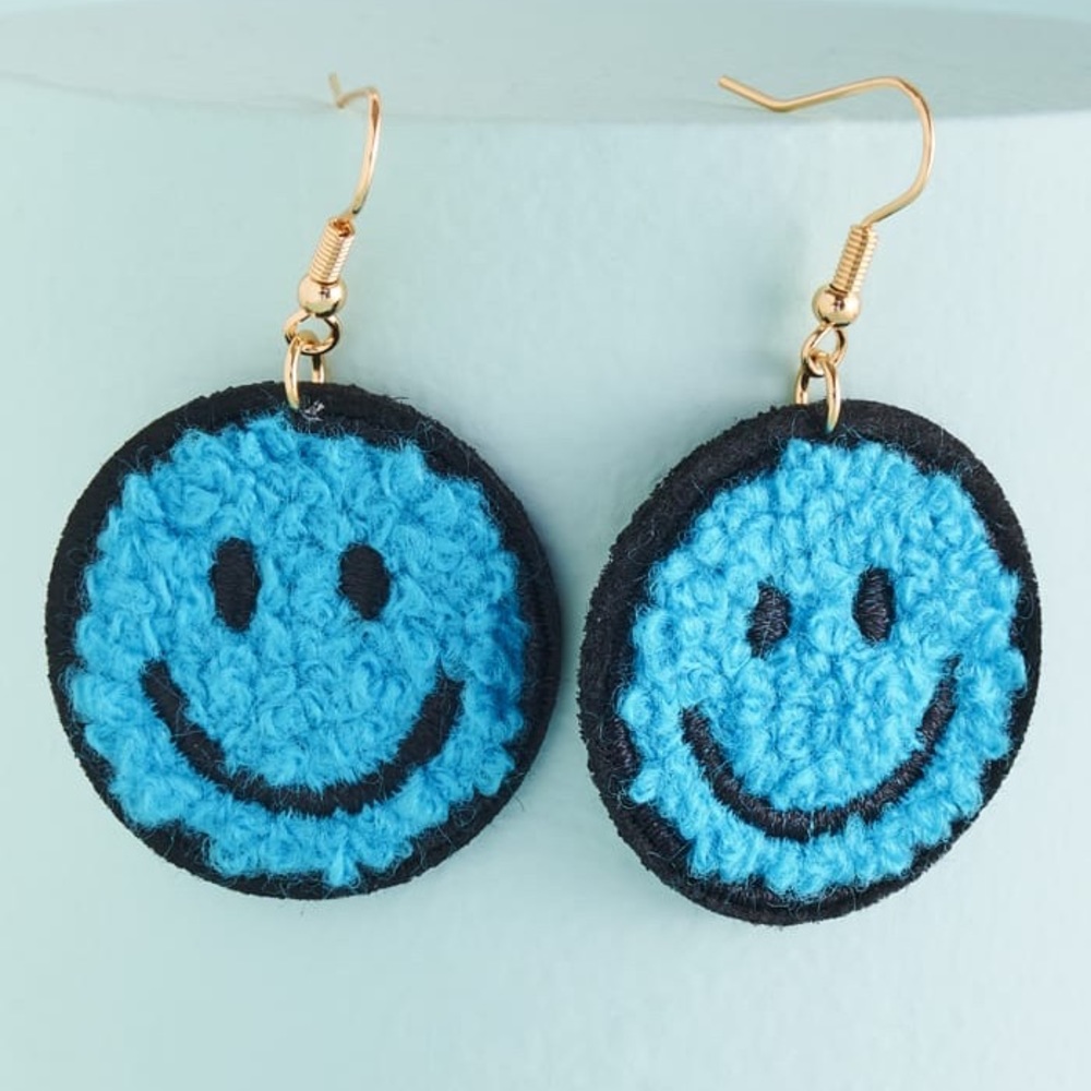 Fuzzy Blue Smiley Face Earrings